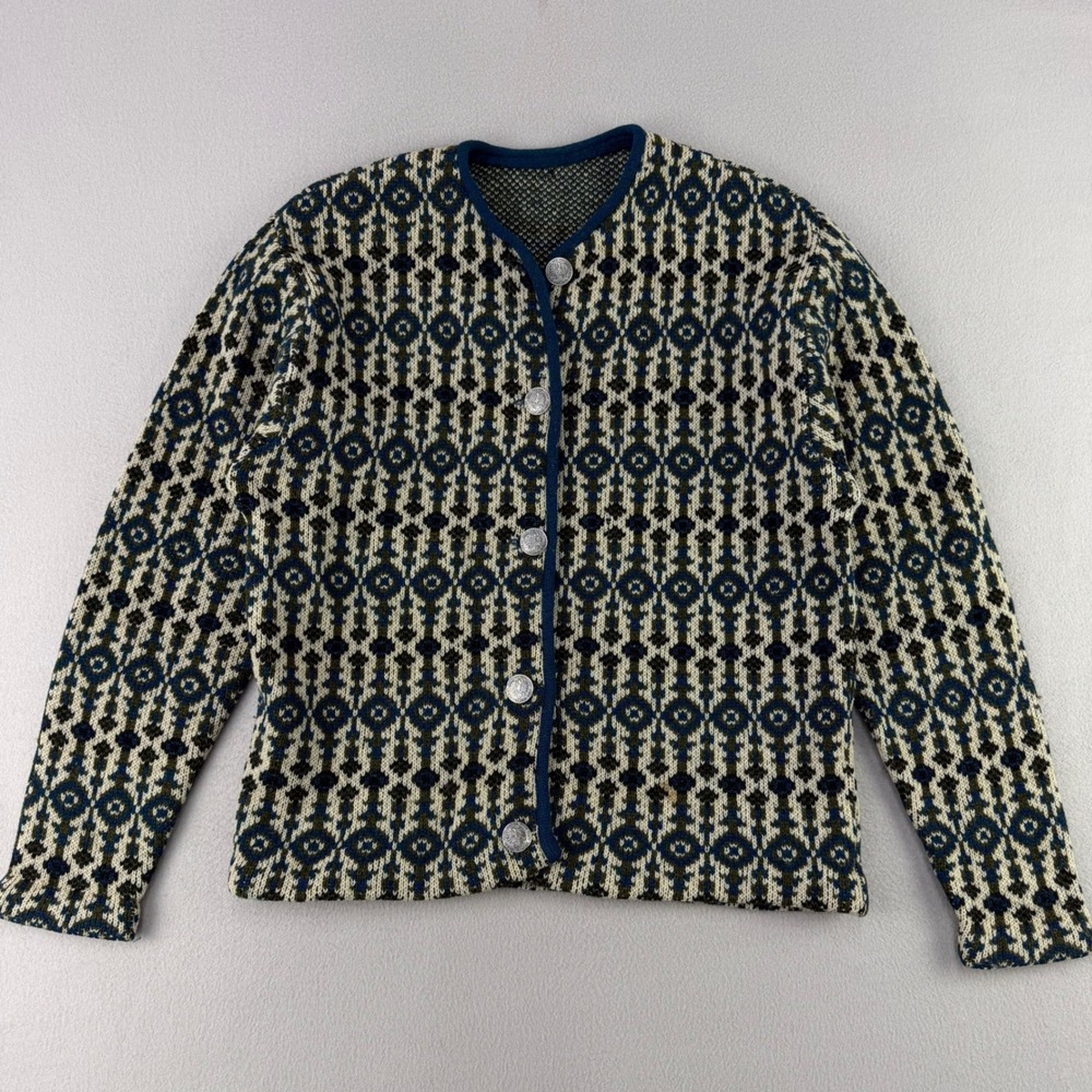 Vintage Wool Cardigan Sweater Women XL Blue Green Nordic Cottage Grandma